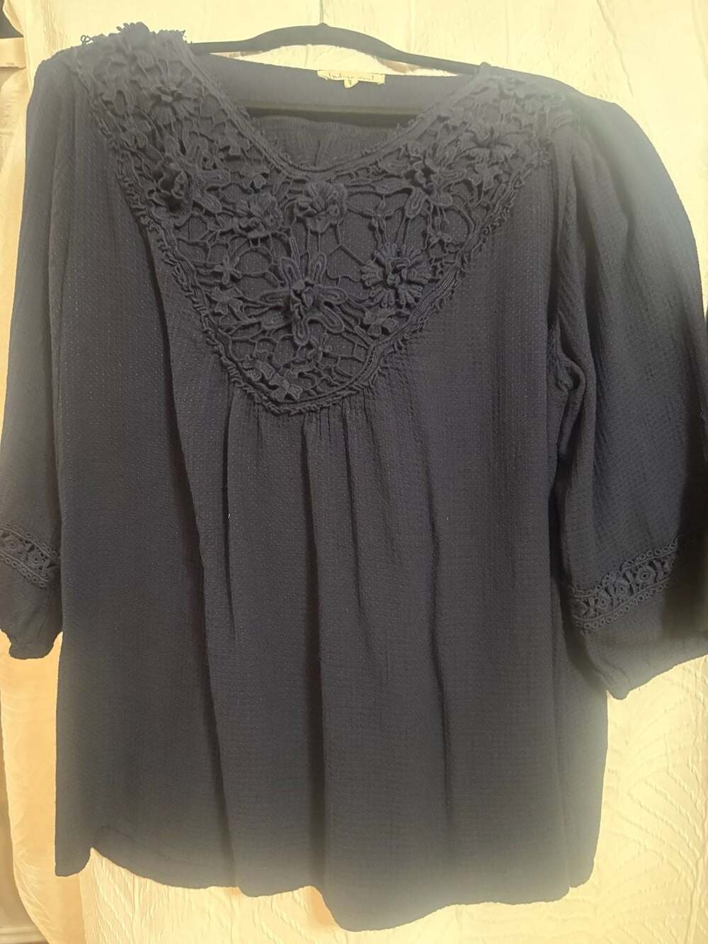 Indigo Soul Lace Yoke Blouse Size 2XL Navy Blue Crochet Trim Top